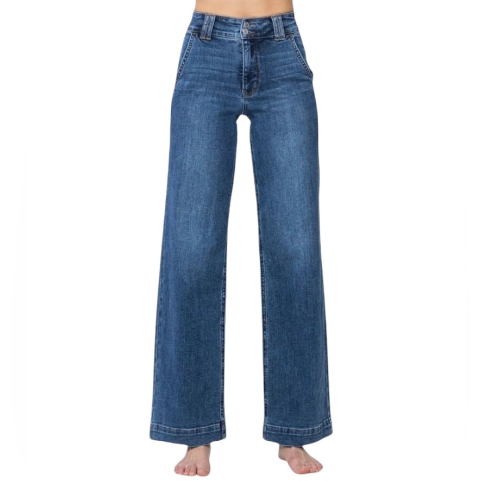 Judy Blue Women's High-Rise Double Button Waistband Wide Leg Jeans Size 14